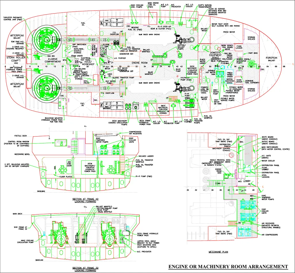 Engine Room or Machinery Room Arrangement — marine drafting sample
