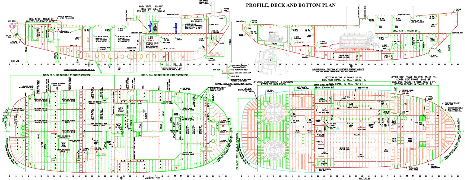 Profile, Deck and Bottom Plan — marine drafting sample